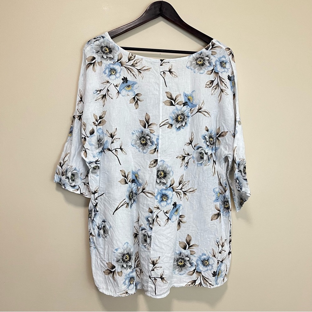 Lungo L’Arno Floral Linen Roll Tab Sleeves Top - Size 1X - Picture 6 of 12